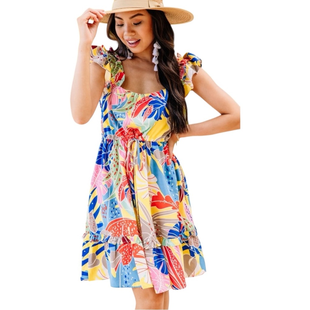 Jodifl Tropical Leaf Mini Dress Womens S Yellow Multi Ruffle Sleeve Boho H5698